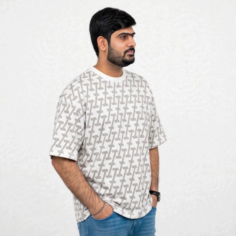 White Geometric Print 220 GSM Jacquard Oversized T-Shirt For Men