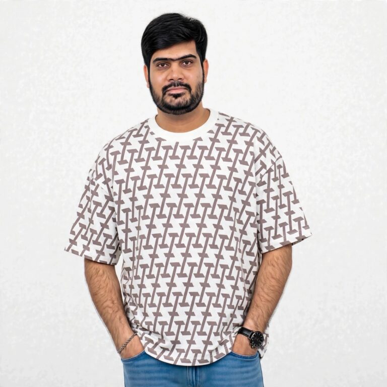 White Printed Crew Neck 220 GSM Jacquard Oversized T-Shirt For Men